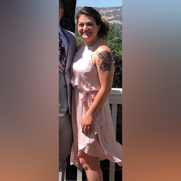 Express High Neck Asymmetrical Fit And Flare blush dress size medium - Picture 4 of 5